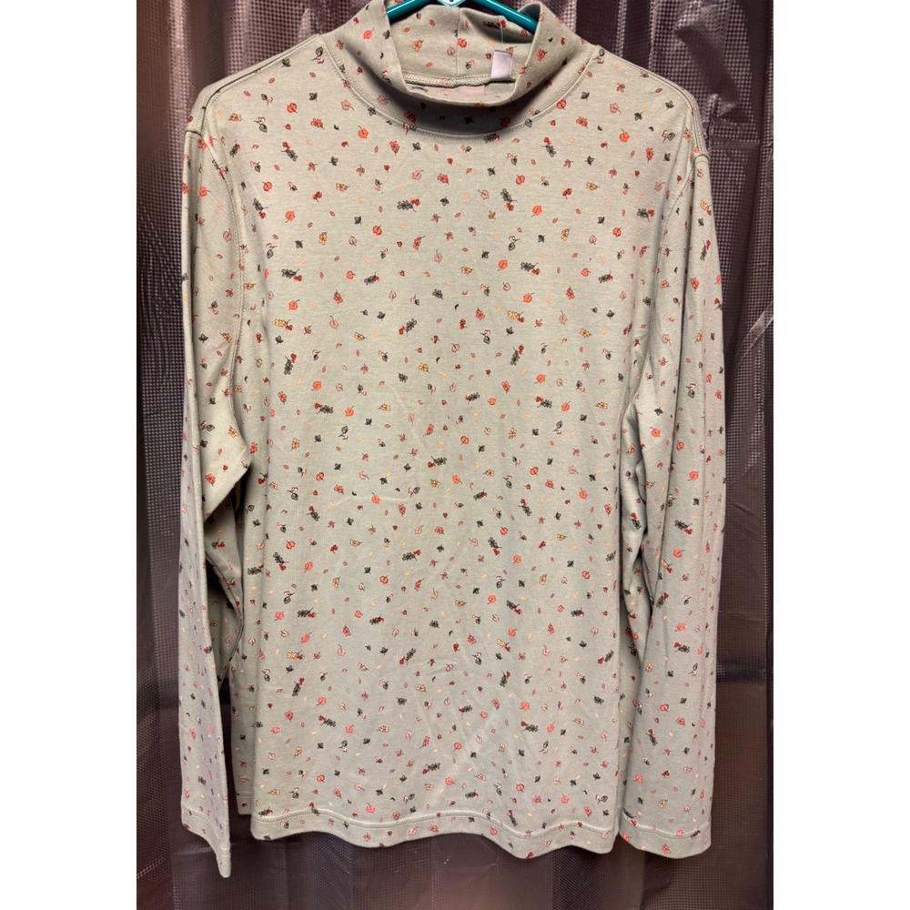 Croft & Barrow Shirt Women's Large Green Leaves Mock Neck Long Sleeve 2X NWT
